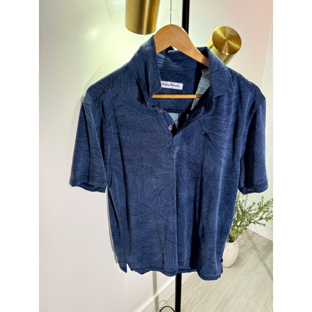 Tommy Bahama Mens Blue Palm Leaf Print Tencel Blend Polo‎ Shirt Medium